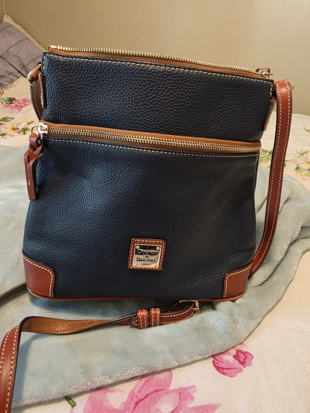 Dooney & Bourke Navy Leather Crossbody Bag with Brown Trim